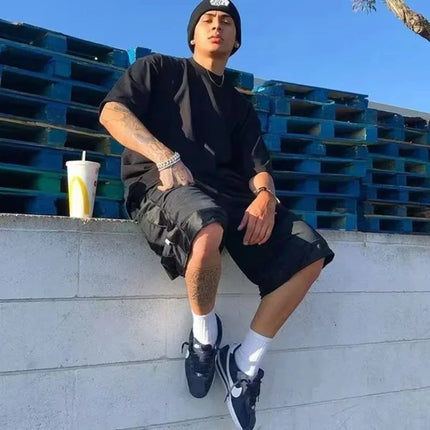 100 Cotton Men's Oversized T-Shirt - Breathable Short Sleeve Round Neck with Minimalist Black Grid Pattern PrintCasual shirts