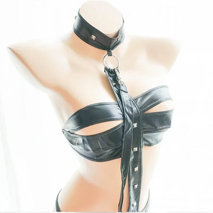 Women Faux Leather Latex Catsuit Black Patent Leather Open Crotch Bodysuit Bandage Nightclub Pole Dancing Clothes Sexy Lingerie