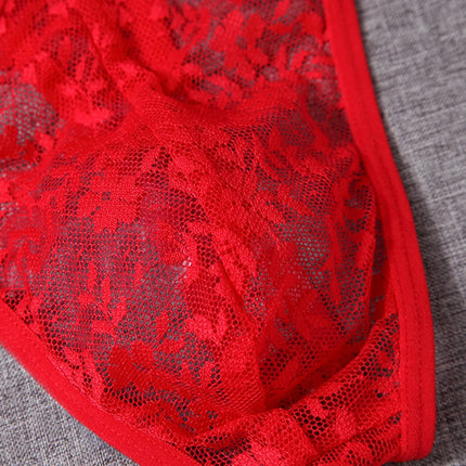 Men's Transparent Thongs Lace Flower Pattern U Pouch Convex Underwear Seamless Hollow Ventilate Male Lingerie
