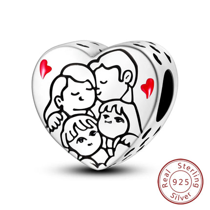 Original 925 Sterling Silver Charm Beads Love Heart Family Charms Pendant Fit Bracelet Charm Women DIY Jewelry Gift