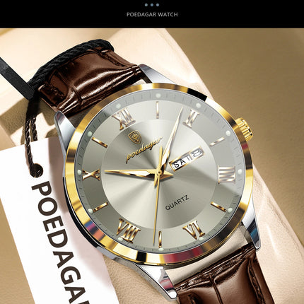POEDAGAR Original Luxury Men's Wristwatch Leather Date Week Quartz Fashion Men Watch Waterproof Luminous Classic Watches For Men