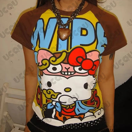 2026 New Y2K Sanrio HelloKitty Anime Cartoon Print T-shirt For Girls Summer Short Sleeve Tees High Street Gothic Kids/Adult Tops