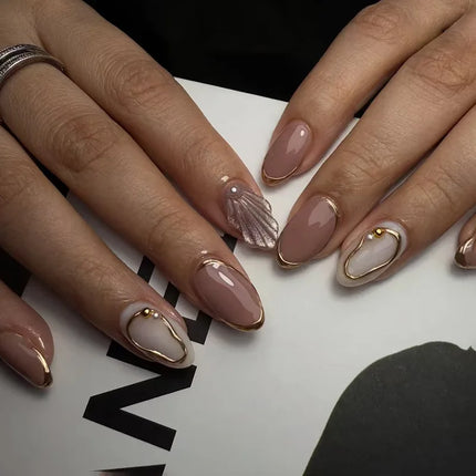 24Pcs Metallic Cat Eye French Sheer Manicure Tip Art Textured 3D Acrylic False Nails Nude Pink Almond Medium Press on Fake Nails