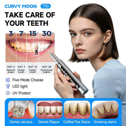 CURVY MOON T10 Electric Ultrasonic Calculus Scaler Tartar Eliminator Tooth Whiting Cleaning 5 Mode with UV LED Oral Care Tools