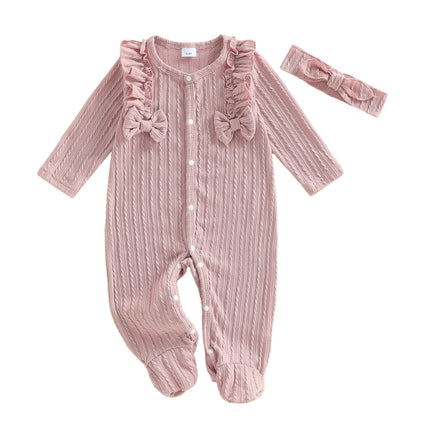 Baby Girl Footed Romper Duck Solid Color Bow Ruffled Long Sleeve Round Neck Jumpsuit with Bow Headband