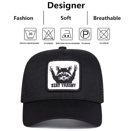 Unisex STAY TRASHY Raccoon Embroidery Baseball Net Caps Spring Summer Outdoor Adjustable Casual Hats Sunscreen Hat Sports Cap