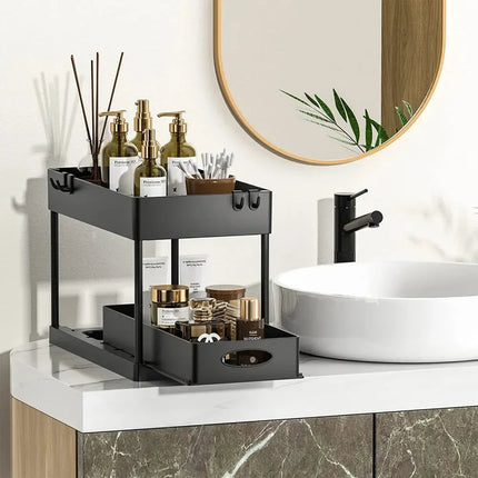 2Tier Under Sink Organizer Sliding Cabinet Basket Pull Out Kitchen Storage Rack with Hooks Bathroom Shelf Multifunctional Holder