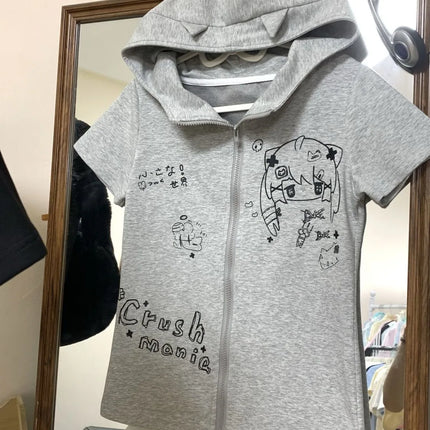 2026 Zebra Print Zip Up Hoodie Women's Clothing Hooded Short Sleeve Sweatshirts Y2k Tops Punk Causal Tees Fashion Summer Hoodies