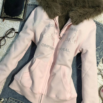 Pink Girl Sweet Vintage Hoodies Autumn Winter Clothes Women Y2k Casual Zip up Letter Graphic Jacket Hoody Harajuku Cuteore Coats