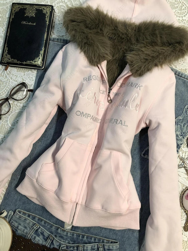 Pink Girl Sweet Vintage Hoodies Autumn Winter Clothes Women Y2k Casual Zip up Letter Graphic Jacket Hoody Harajuku Cuteore Coats