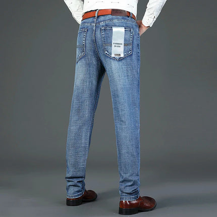 Spring Summer Classic Pocket Men Fit Straight Thin Jeans Cotton Elastic Middle Waist Business Casual Lightweight Pants