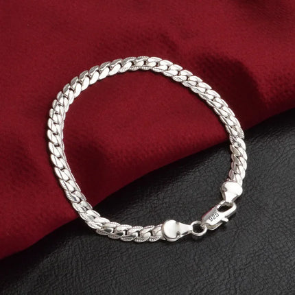 925 Sterling Silver Bracelet 6mm 18/20cm Flat Side Chain Lobster Clasp Bracelet For Woman Man Party Wedding Jewelry Holiday Gift