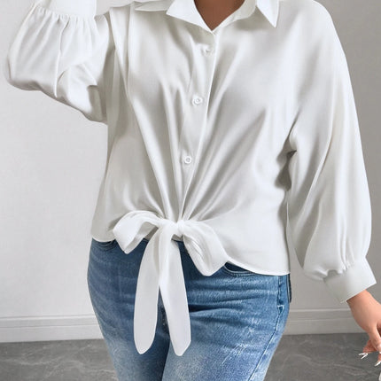 Large Size Ladies Pure Color Shirt with Butterfly Knot Collar Simple Daily Match Sunscreen Long Sleeve Shirt