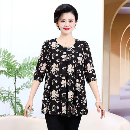 Round Necked Pleated Blouse Summer Loose T-shirt 2024 New Plus Size Shirt Flower Pattern Short Sleeved Women's Clothing