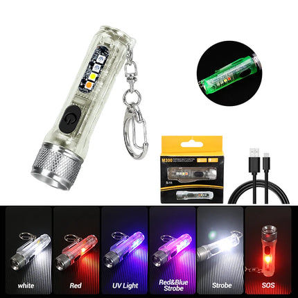 Mini Keychain Flashlight USB Rechargeable Powerful Flashlight Outdoor Camping COB Emergency Red and Blue Torch Tail Magnet Light