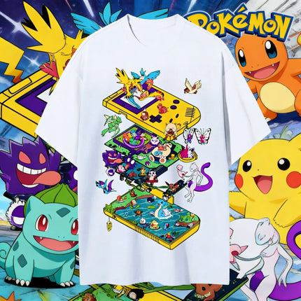 2026 Summer Pokemon Retro Game Console Cartoon Print T-Shirt, 100% Cotton Loose Couple & Family Tee for Travel Game & Sports