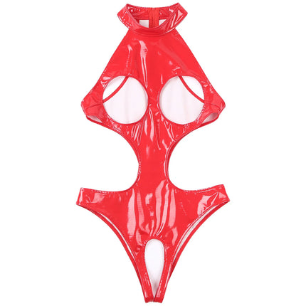 Women's Sexy Open Cup Lingerie Bodysuit Wet Look Patent Leather Cutout Bodycon Crotchless Leotard Nightwear Raves Party Clubwear