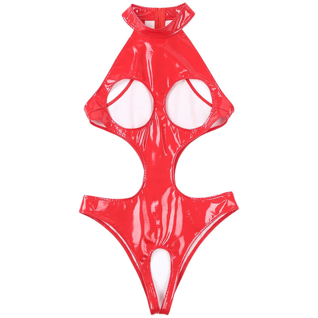 Women's Sexy Open Cup Lingerie Bodysuit Wet Look Patent Leather Cutout Bodycon Crotchless Leotard Nightwear Raves Party Clubwear