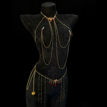 Red Gem Nipple Clamps Body Chain Integrated Breast Clips Bell Pendants Sensual Body Restraint Sexy Accessories Adult Sex Toys