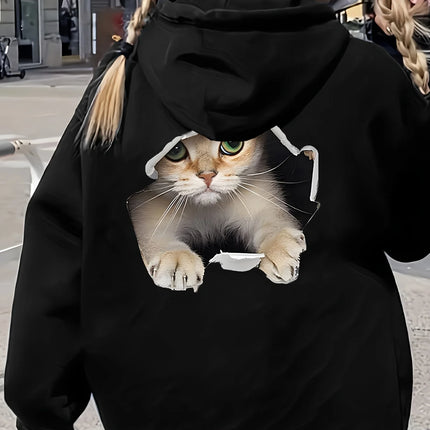 Women's casual hoodie sweatshirt with cute cat pattern print round neck long sleeves for autumn and winter warmth, regular style