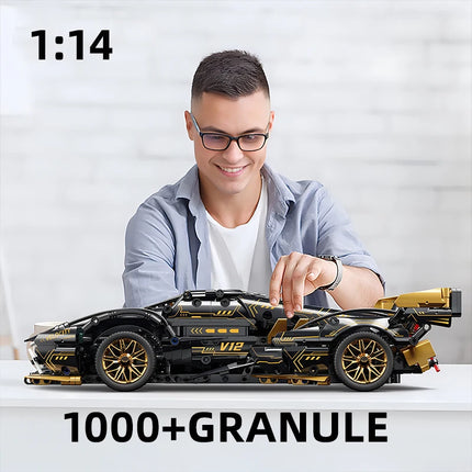 Black V12 Block Roadster RC Tech Racer 1:14DIY Roadster building block assembly Block car toy birthday gift （1280+granule）