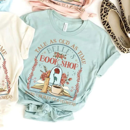 Vintage Retro Belle's Book shop Shirt Tale as old as time Beauty and The Beast Magic Tee Casual Y2K Top Daily Trendy Streetwear
