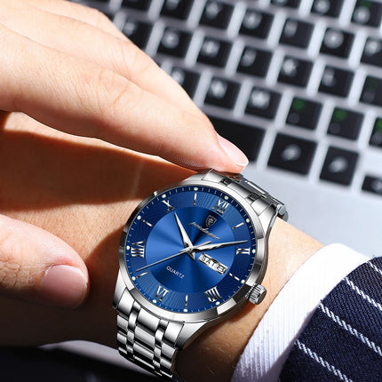 POEDAGAR Luxury Man Clock Waterproof Luminous Week Date Fashion Men's Wristwatch Stainless Steel Business Quartz Watches For Men