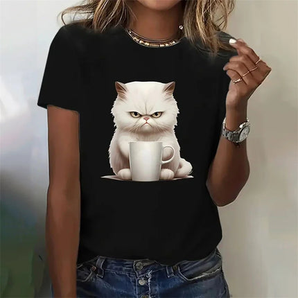 2025 New Cat Black Pattern T-Shirt for Women Funny Animal 3D Print T Shirts Summer Tees Short Sleeves Crew Neck Tops Streetwear