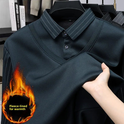 Men's Winter Thickened Fleece Lined Knitwear Polo Shirt Long Sleeve Loose Fit Solid Color Thermal Base Layer Two-Piece Look