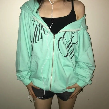 Y2K Mint Green Zip Up Hoodie Women Cursive Script Print Oversized Casual Sweat Jacket Fashion Harajuku Sweet Cool emo Sweatshirt