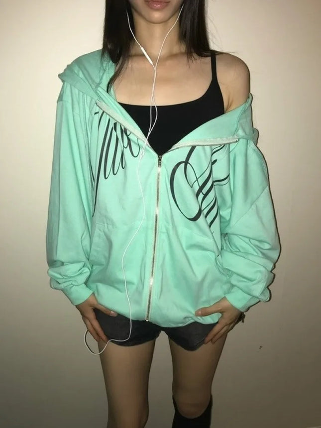 Y2K Mint Green Zip Up Hoodie Women Cursive Script Print Oversized Casual Sweat Jacket Fashion Harajuku Sweet Cool emo Sweatshirt