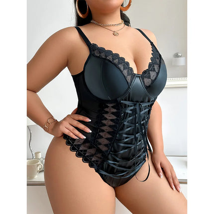Womens Plus Size PU Leather Lace Patchwork Bodysuit Strap Clubwear Exotic Fetish Bdsm Nightwear Hot Sensual Sexy Jumpsuit XXX