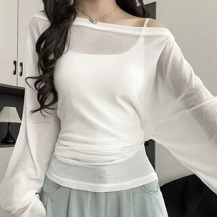 See Through Long sleeve Oversize T shirt Women Sexy Back Bandage Off shoulder Top Female Basic Long Tees Korean Chic Lady New