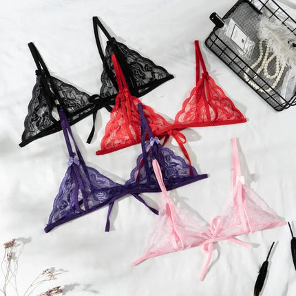 2Pcs/Set Women's Sexy Lace Transparent Lingerie Set Bikini Low-Waisted Thong Pants Dating Pajama Set