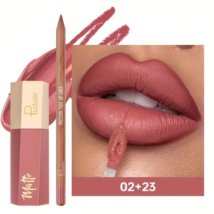 Lip Liner Pencil and Lip Gloss Combo, Velvet Finish Nude Lip Color, Waterproof Non Transfer Non Stick Cup, Long Wear Moisturizin