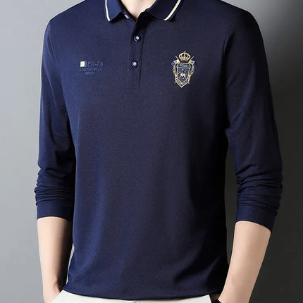 New Men's Long-sleeved Cotton Polo Shirt Fashion Embroidery Casual Bottom Pullover Shirts Tops Men's Clothing