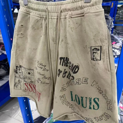 Y2K Grunge Sweat Shorts Men Vintage Washed Graphic Print Loose Fit Streetwear Casual Shorts