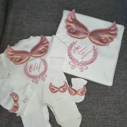 Dollbling Hospital Exit 5pcs Embroidery Name Newborn Angle Wings Romper Blanket  Nursery Bedding Swaddle Handmade Infant Outfit
