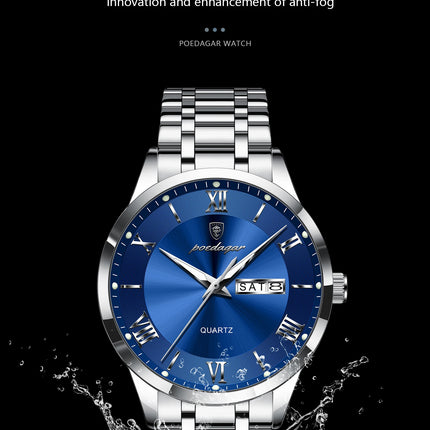 POEDAGAR Luxury Man Clock Waterproof Luminous Week Date Fashion Men's Wristwatch Stainless Steel Business Quartz Watches For Men