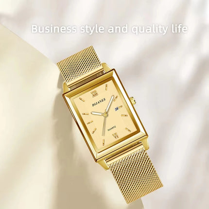 Luxury Men's Golden-Tone Business Watch,Rectangular Dial Quartz Movement, Mesh Band Analog Display Durable & Stylish Timepiece