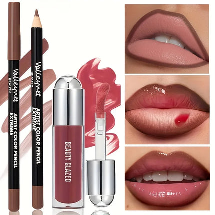 2pcs Lip Gloss & Liner Set Lip Glow Oil with Long-Lasting  Beauty Matte Lip Gloss Matte Lipstick Lip Liner, Lip Liner Set Daily