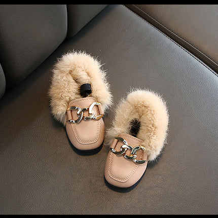 Kids Fur Shoes Children Velvet Shoes Baby Girls Warm Flats Toddler Black Brand Shoes Princess Loafer Chain Moccasin For Winter