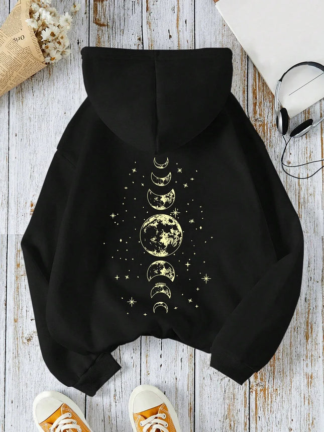 New Hoodies with Different Moon Prints, Front and Back Printed Hoodies Casual and Fashionable Y2K Women's Clothing High Street