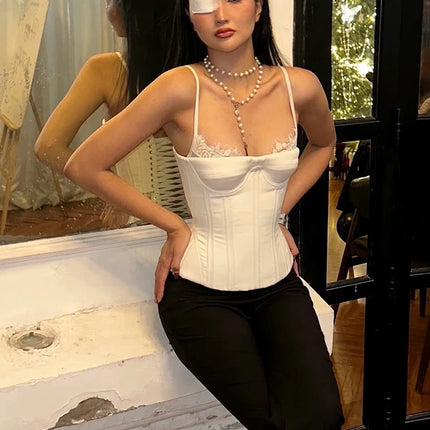 Nibber Summer Lace Patchwork Camisole Women Trend Low-Neck Sleeveless Simple Fashion Classic Sexy Midnight Street Party Vest