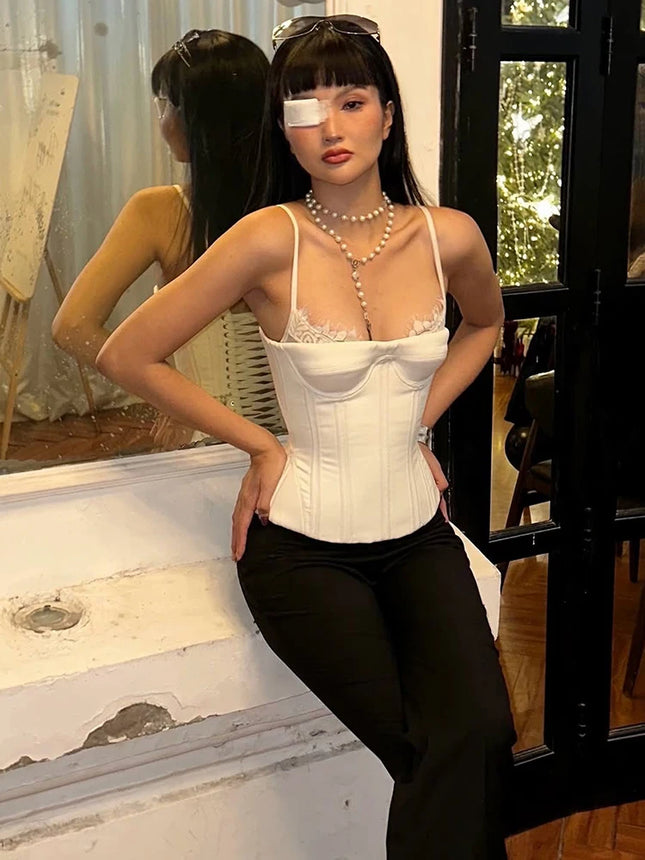 Nibber Summer Lace Patchwork Camisole Women Trend Low-Neck Sleeveless Simple Fashion Classic Sexy Midnight Street Party Vest