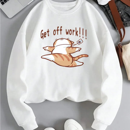 Get Off Work Happy Cat Prints Hoodies Women Winter Basics Pullovers Fleece Warm Soft Sweatshirts Casual Woman Autumn Clothes