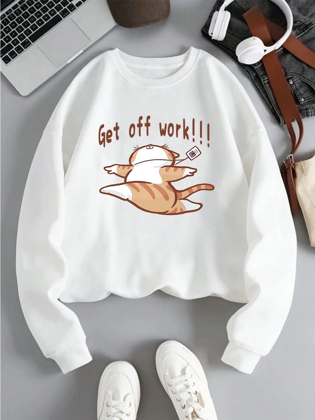 Get Off Work Happy Cat Prints Hoodies Women Winter Basics Pullovers Fleece Warm Soft Sweatshirts Casual Woman Autumn Clothes