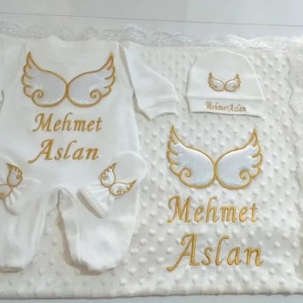 Personalized Name Baby Coming Home Outfit Angle Wing Infant Cotton Romper Onesie Blanket Pregnancy Embroidery Laurel Tree Gift