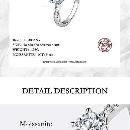 PERFANY 0.5-3CT Moissanite Ring For Women S925 Pure Silver Sparkling Engagement Ring Wedding High-end Jewelry