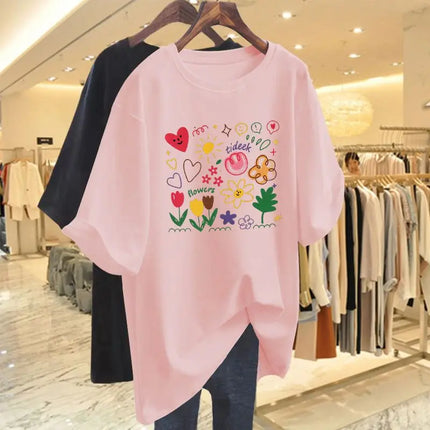 Women Clothing Chic Hand-painted Printing Basic T-shirt Summer Fashion Pure Cotton Round Neck Short Sleeve Tees Casual Loose Top